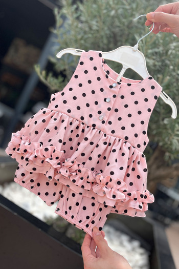 Bertuğ Bebek Pink Polka Dot Baby Girl Set - Frilly Drawstring