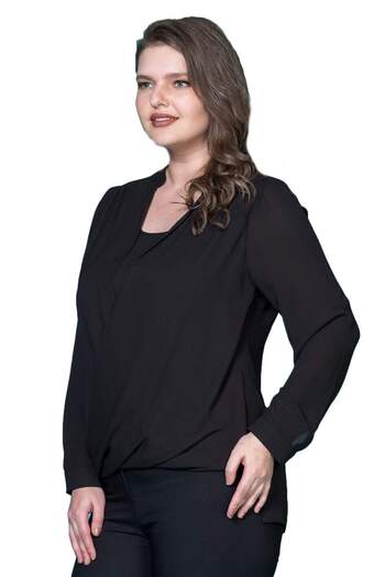 Hanezza Jesica FaBric Black DouBle Breasted Collar Plus Size Blouse - Long Sleeve