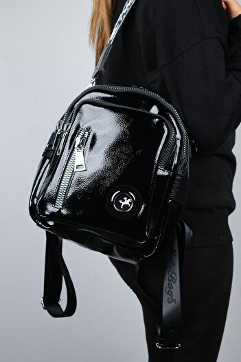 Luvi Straw Black Wrinkled Patent Leather Women's Backpack