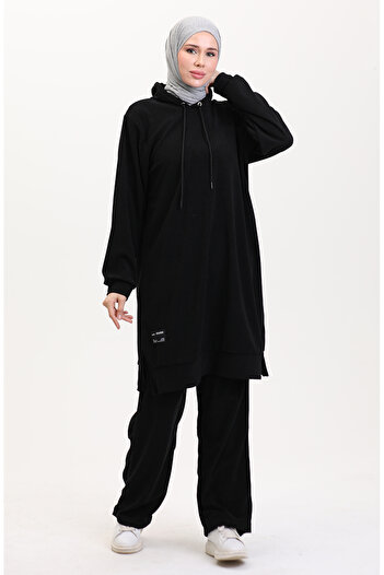 sefamerve Black Hooded Tunic and Pants Set - 0566-01