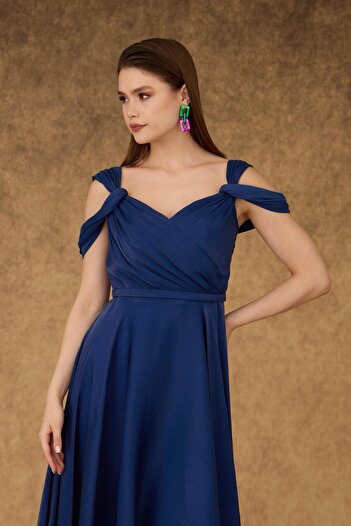 Carmen Navy Blue Low Sleeve Satin Promise Dress