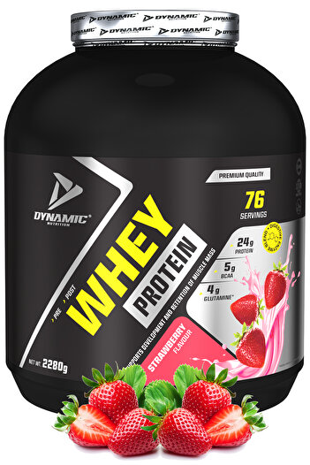 Dynamic Nutrition Whey Protein Powder with Shaker - 2280 g - 76 Servings - Strawberry - with Digestive Enzymes - 24 g High Protein