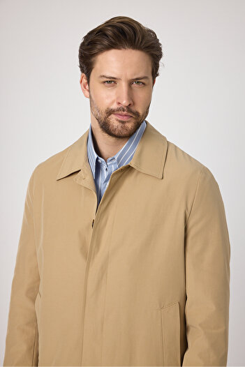 Frappoli Men's Beige Mono Baby Lapel Spring Jacket-Trench Coat