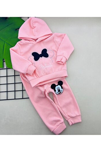 KUMRUNUN DÜNYASI Pink Hooded Corduroy Girl's Bottom and Top Set