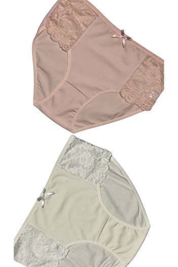 Gizli Butik Ecru γυναικεία εσώρουχα - Συσκευασία 2 βαμβακερών, πλαϊνή δαντέλα και λεπτομέρεια φιόγκου