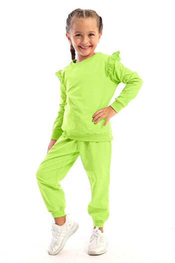 zepkids Crew Neck Long Sleeve Pistachio Green Color Girl's Tracksuit Set