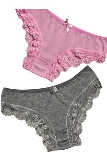 Gizli Butik Pachet de 2 chiloți bikini din bumbac cu dantelă pentru femei, roz gri