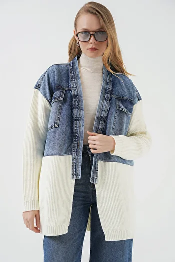 Bigdart 15919 Long Knitwear Denim Jacket - White