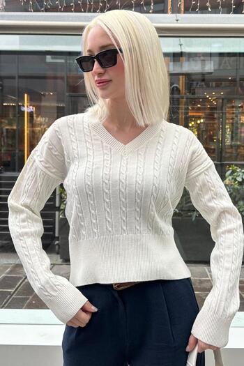 Madmext Bone Color V-Neck Braided Knitwear Women's Sweater Mg2258