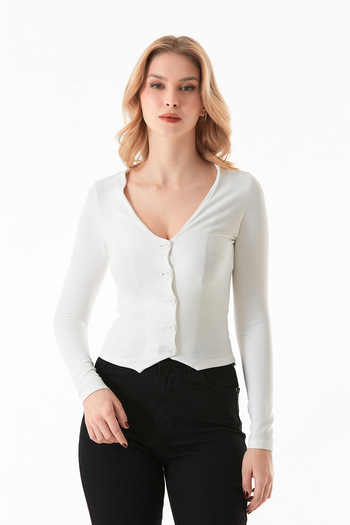 Fulla Moda Buttoned V-Neck Corded Cardigan