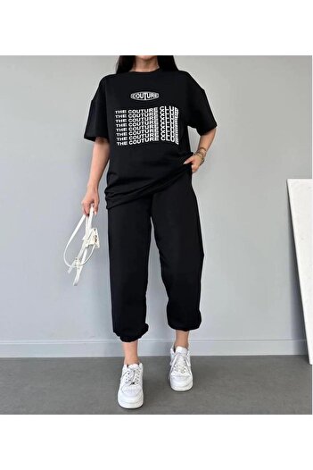 caddekombin Kadın Couture  Baskılı T-shirt Eşofman Altı Jogger Rahat Kalıp Siyah Eşofman Takım Yuvarlak Yaka