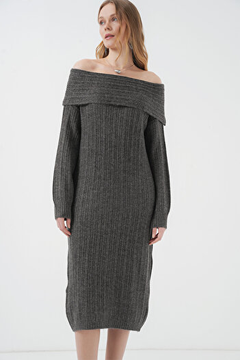 Bigdart 15920 Madonna Yaka Oversize Трикотажне плаття - Антрацит