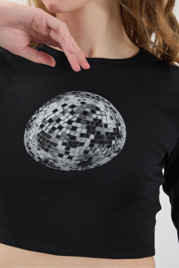 Addax Disco Ball Printed Crop Μπλούζα B1641-s5