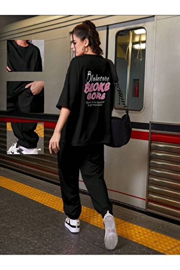 caddekombin Kadın Bloks Baskılı T-shirt Eşofman Altı Jogger Rahat Kalıp Siyah Eşofman Takım New Model