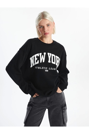 LC Waikiki XSIDE Μαύρο Crew Neck Printed Oversize Γυναικείο Χοντρό Φούτερ