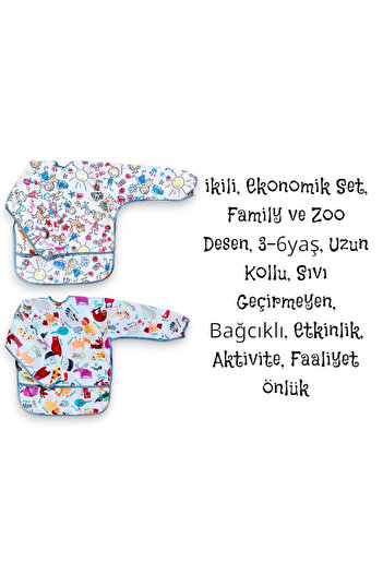 yorni Lace-Up, 2 Pieces, Economical Set, 3-6 Years Old, Family and Zoo Pattern, Long Sleeve, Liquid-Proof, Baby Bib