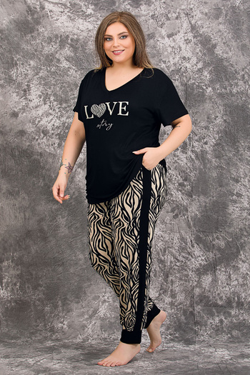 quilling Black Color Zebra Patterned 10993 Women's Short Sleeve Plus Size Mother Pajama Set