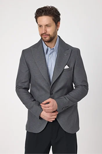 Frappoli Classo Men's Gray Slim Fit Pointed Collar Self Pattern Blazer Jacket