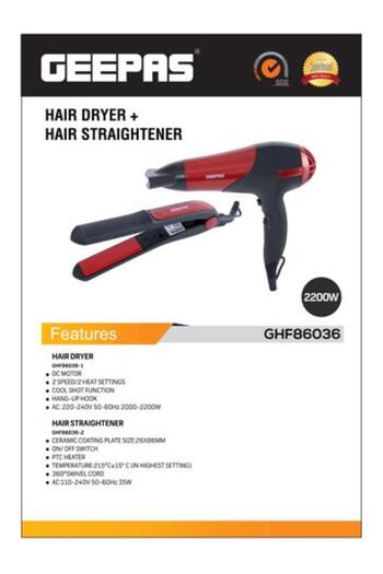 Geepas Hair Dryer & Hair Straightener, 2 Speed Settings, Ghf86036, 2-in-1 Travel Kit Of Dryer & Stra