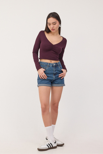Addax V Neck Front Gathered Long Sleeve Blouse B1625-U8
