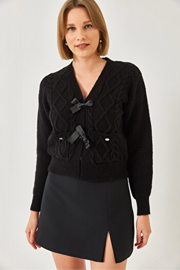 Bianco Lucci Women's Knitted Cardigan with Bow Front Pocket 20247544