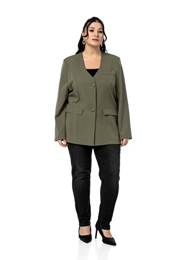 DISENTIS MODEST Plus Size Coating Buttoned Ornamental Pocket Flap Padded Khaki Jacket