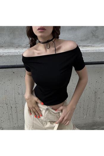 Köstebek Black Madonna Collar Short Sleeve Crop Blouse