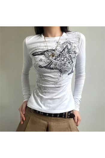 Köstebek Crop top alb cu mânecă lungă cu model punk vintage