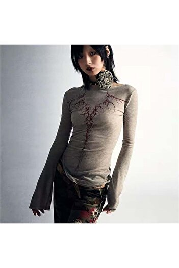 Köstebek Beige Slayer Horn Red Back Pattern Y2K Long Sleeve Blouse
