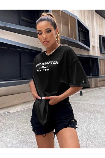 caddekombin East Baskılı Kadın Rahat Kalıp Pamuk Penye Kısa Kollu Yuvarak Yaka Siyah T-shirt