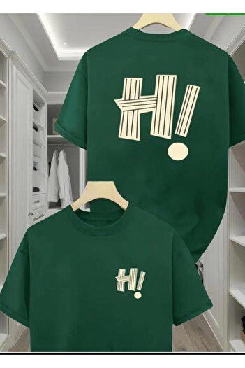 caddekombin Hi Ön Arka Baskılı Pamuk Yuvarlak Yaka Yeşil T-shirt