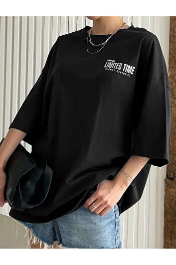 caddekombin Lımıdet Tıme Ön Arka Baskılı Pamuk Penye Yuvarlak Yaka Siyah T-shirt