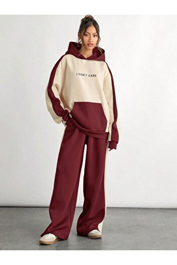 Trendseninle Burgundy Beige Women's and Men's Tracksuit Set - Couple Combination 2 Pieces