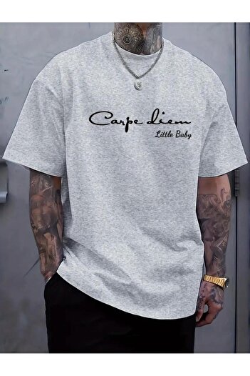 caddekombin Carpe Baskılı Pamuk Penye Yuvarlak Yaka Gri T-shirt