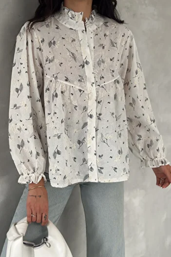 FEMELLE Women's Gray Stand Collar Leaf Embroidery Embroidered Buttoned Shirt