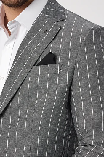 Frappoli Vitao Men's Black Italian Striped Linen Blended Spring-Summer Blazer Jacket