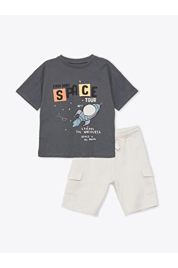 LC Waikiki Lcw Kids Gray Crew Neck Printed Baby Boy T-Shirt and Shorts 2-Piece Set