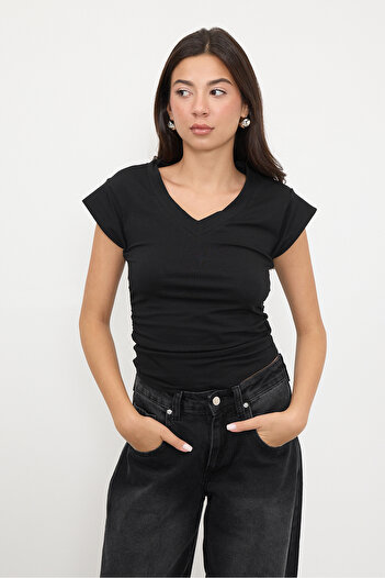 Addax V-Neck Gathered T-Shirt - P1566-S1