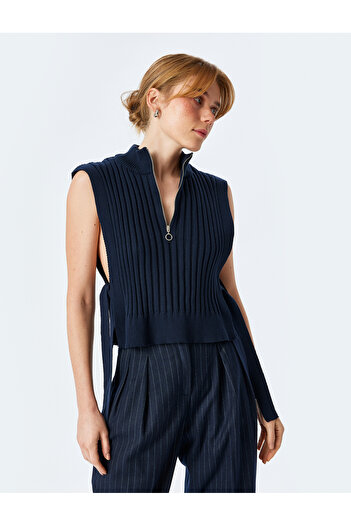 Koton Stand Collar Sleeveless Sweater with Side Ties and Zipper Detail