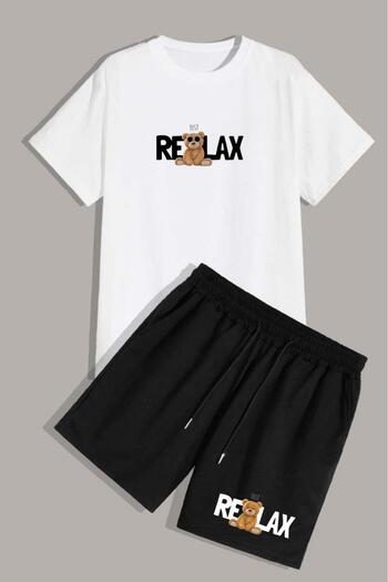 NO 601 Unisex White Oversize Relax Printed Tshirt Black Shorts Set
