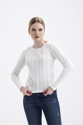 Miss Murem Openwork Long Sleeve Blouse-White