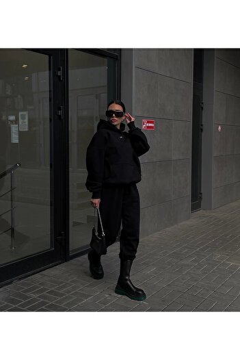 Asfa Moda Unisex Μαύρο Σετ Φούτερ με 3 Κλωστές Φούτερ Κάτω/Επάνω