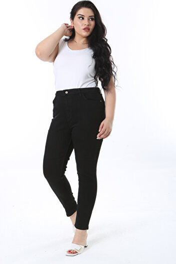 Şans Women's Plus Size Black High Waist 5 Pockets Lycra Skinny Leg Pants 65N38712