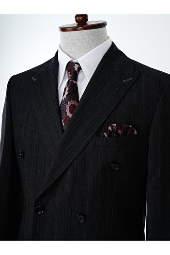 PAREZ Premium Erkek Kruvaze Çizgili Takım Elbise Slim Fit İtalyan Stil Punto Dikişli Ceket Pantolon