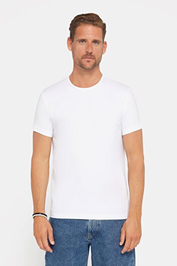 Tudors Men's Slim Fit Slim Fit Cotton Soft Texture Lycra Lycra Fabric Basic White Crew Neck T-Shirt