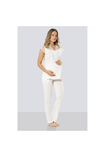 TÜREN 3294 Model Maternity Ecru Pajama Set