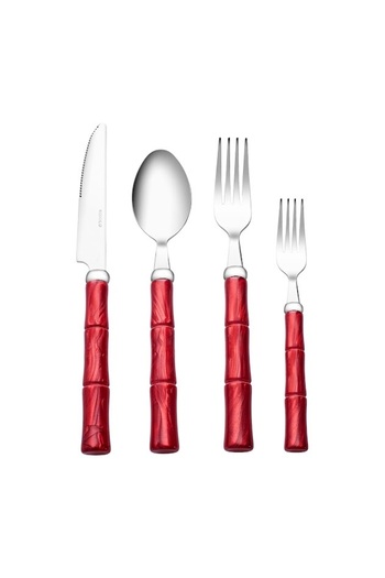 Karaca Ember 6-Person Red Fork Spoon Knife Set - 24 Pieces