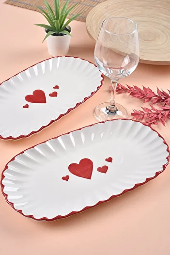 ŞURA MUTFAK 2Pcs Love Series Presentation Plates & Boat Plates 29X16Cm Heart Pattern