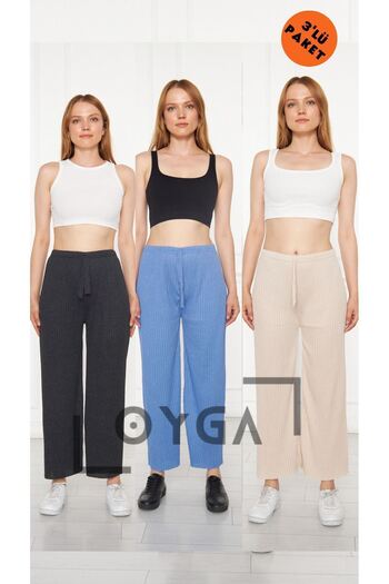 Oyga 3-Piece Black and Water Blue Cream Women's Ribbed Pants & Sweatpants - Casual Home Wear