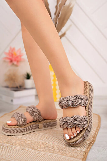 moun shoes Γυναικείες ψάθινες παντόφλες με σχοινί με 2 ρίγες με ψηλή βάση 5cm